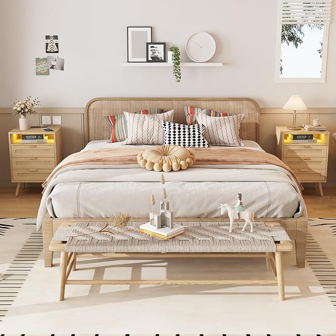 Rattan Nightstand Set of 2 with Charging Station and Led Lights and 3 Drawers, Boho Night Stand Set 2, Bedside Table Bed Side Table Sofa Table, End Tables Living Room,Bedroom(2 Pack)
