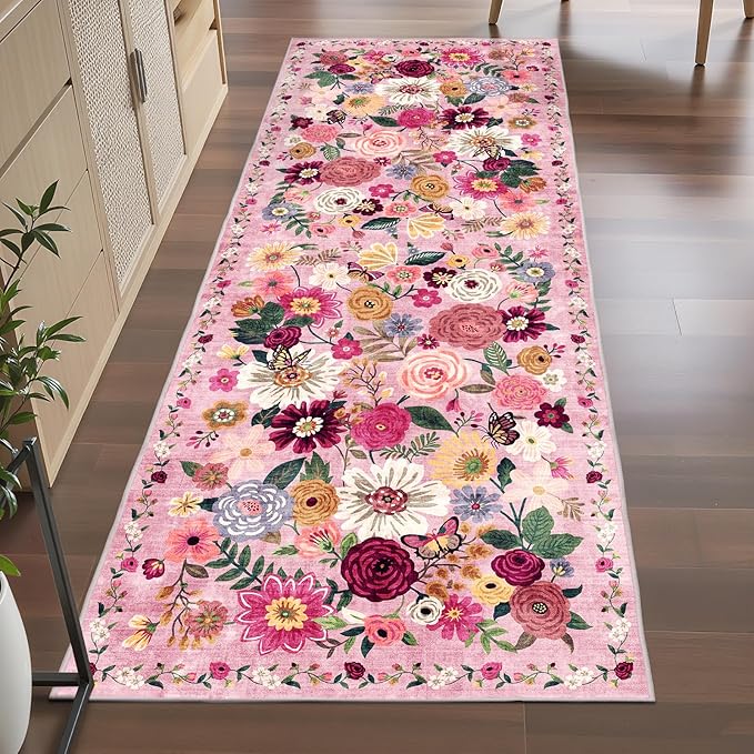 Pink Rug for Hallways Kitchen Rug 2x6, Non Slip Washable Rugs with Rubber Backing Soft Floral Carpet Runner for Hallways, Kitchen, Laundry, Bedroom, Bathroom (Pink Garden, 2 x 6)