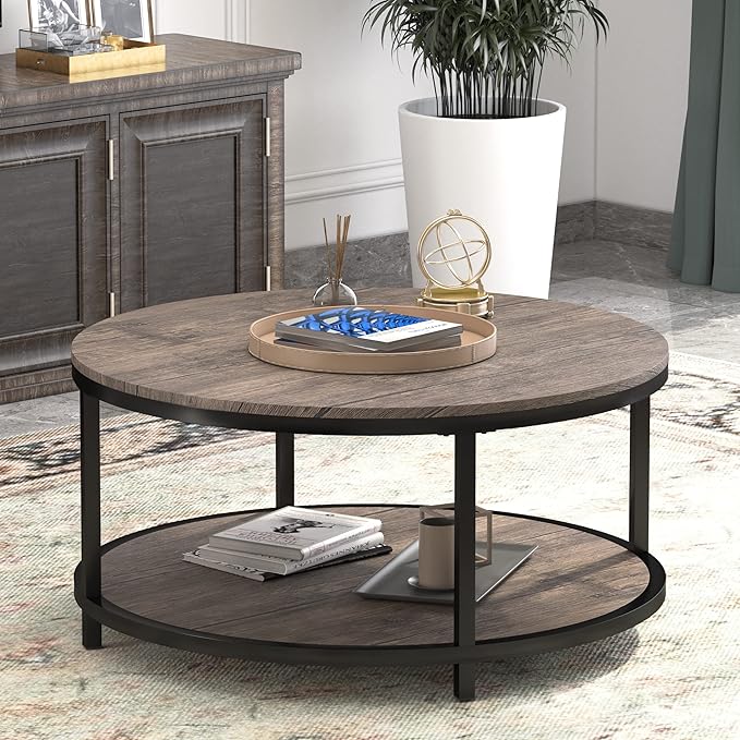 WiberWi Round Coffee Table 35.8" Circle Coffee Tables for Living Room Rustic Industrial Cocktail Table with Sturdy Metal Frame and Open Storage Shelf, Easy Assembly, Gray Brown