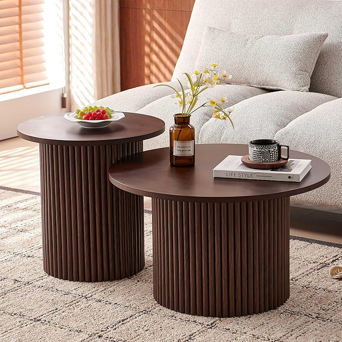 Round Coffee Table Set of 2,Small Side Table Set of 2, Circle Accent Tables with Walnut Wood Veneer Tabletop, Engineered Wood Strip Base for Small Spaces, Living Room