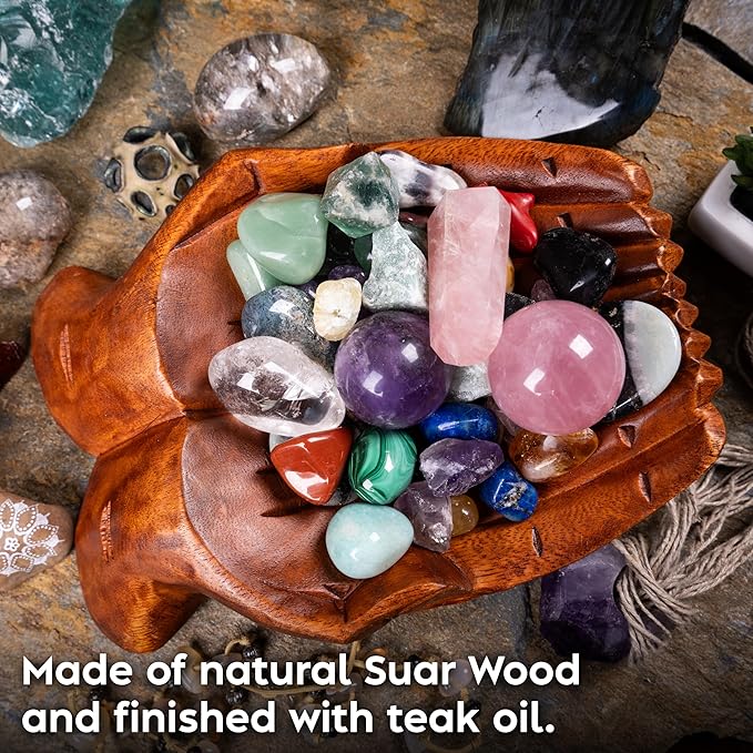 Curawood Carved Hands Offering Bowl - Crystal Holder for Stones, Rock Collection Holder, Crystal Display Storage Tray, Wooden Hands Bowl for Keys - Rock Display Case for Shelf, Stand, Altar Decor (L)