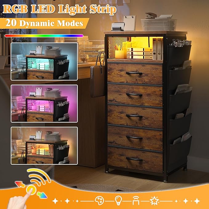 EnHomee Tall Night Stand Set 2 with 5 Drawers, LED Nightstand with Ports & Outlets, Bedside Table with Extra Side Bag & Storage Shelf & Hooks, Bedroom, Dorm, Closet