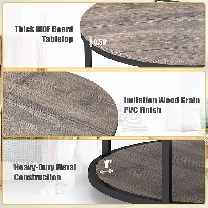 WiberWi Round Coffee Table 35.8" Circle Coffee Tables for Living Room Rustic Industrial Cocktail Table with Sturdy Metal Frame and Open Storage Shelf, Easy Assembly, Gray Brown