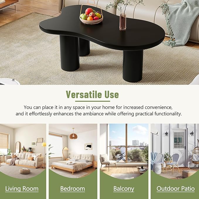 GDFStudio 44'' Cloud-Shaped Coffee Table,Minimalist Center Table with 3 Sturdy Legs & 1.5'' Thick Top,Easy Assembly Round Edge Irregular End Table for Living Room, Bedroom,or Patio,Black