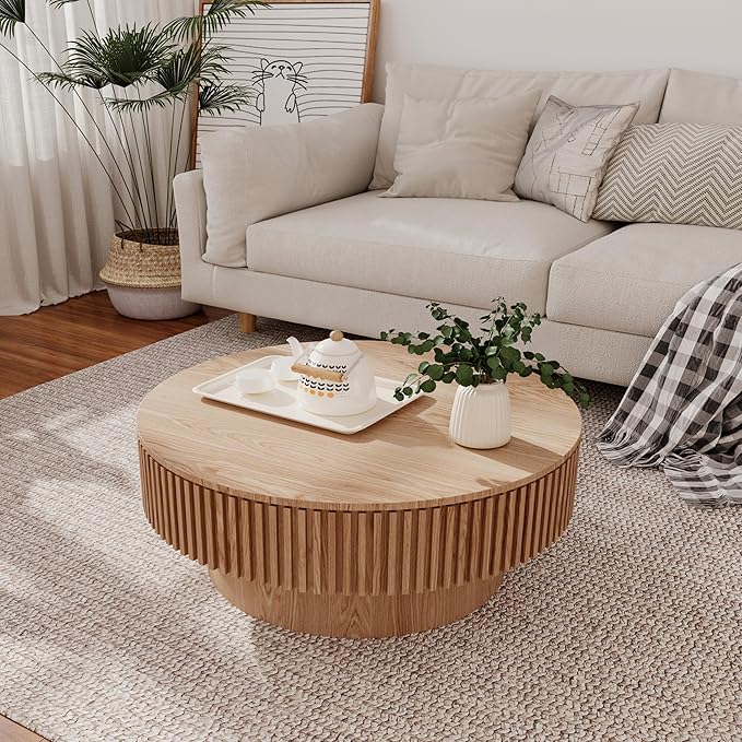 31.5'' Round Coffee Table for Living Room, Solid Wood Veneered Modern Nesting Coffee Tables with Storage, Circle Fluted Drum End Side Accent Tea Table for Apartment Office, Natural Wood