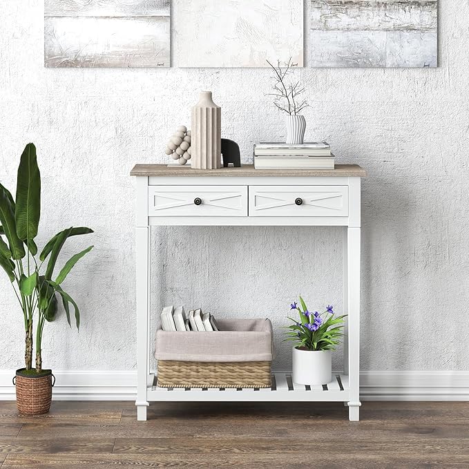 KINTNESS Console Table with 2 Drawers, Farmhouse Sofa End Table with Shelves for Entryway Living Room Hallway, White