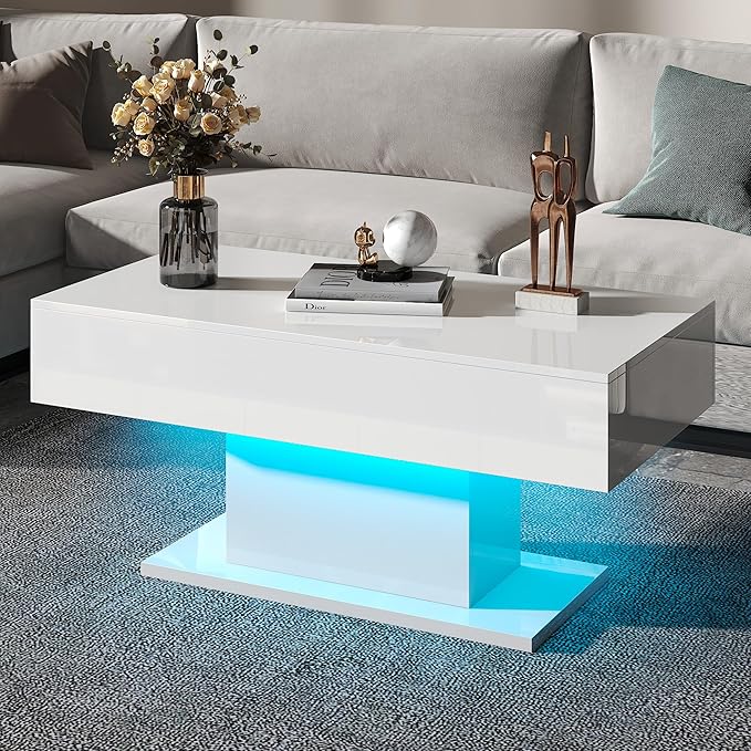 Led Coffee Table for Living Room, Living Room Table Rectangular Center Table, Modern High Glossy Wooden Coffee Tables with 16 Colors LED Lights for Dining Reception Room, White