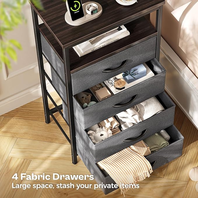 Huuger Night Stand with Charging Station, 4 Drawer Dresser for Bedroom, Bedside Table, 33.9 Inch Tall Nightstand with Open Shelf, End Table, for Closet, Entryway, Bedroom, Walnut