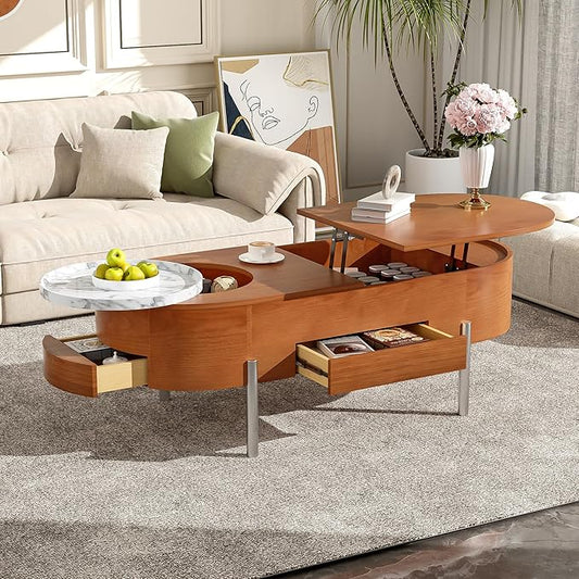 Lift Top Coffee Table with Hidden Compartment, Modern 47.2'' Oval Wooden Center Table Cocktail Tea Table with 360-degree Marble-Patterned Rotating Tray and 3 Drawers for Living Room, Brown