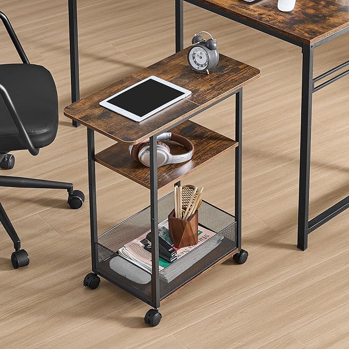 Side Table with Wheels, Narrow Side Table with 3-Layer Storage Shelves, Slim Nightstand, Metal Frame, for Small Spaces, Living Room, Bedroom, 23.6" D x 11.8" W x 25.2" H, Rustic Brown