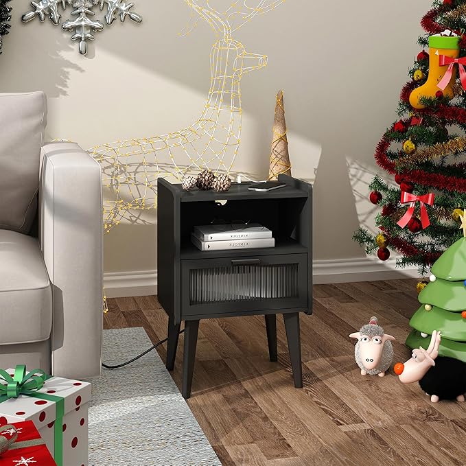 Nightstand with Charging Station, Bedside Tables, End Table Side Table with 2 Tiers Storage Space, for Bedroom, Living Room, Black CAMLBZ07BE