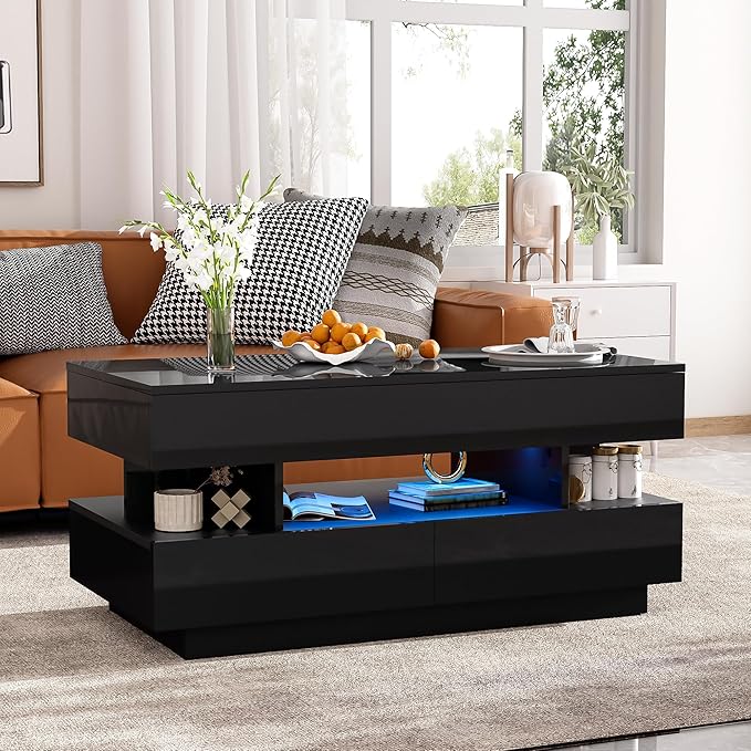 39.3" Lift Top Coffee Table with 2 Drawers and LED Lights, Modern Rectangular High-Gloss Center Table Cocktail Tea Table with Lift-Top and Hidden Space for Living Room Apartment Black