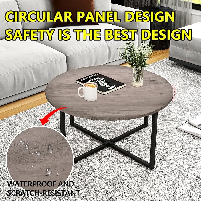 HOMERECOMMEND Round Coffee Table Nesting Tables for Living Room Tea Desk with Black Metal Legs Tea Table Balcony End Sofa Table Study,Black+Grey