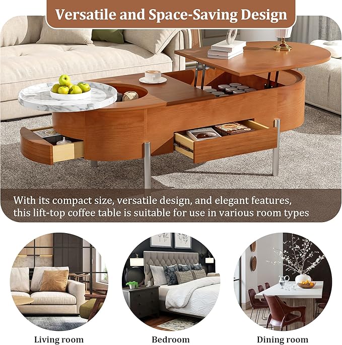 47.2'' Lift Top Coffee Table with Hidden Compartment, Modern Oval Wooden Center Table Cocktail Tea Table with 360-degree Marble-Patterned Rotating Tray and 3 Drawers for Living Room, Brown