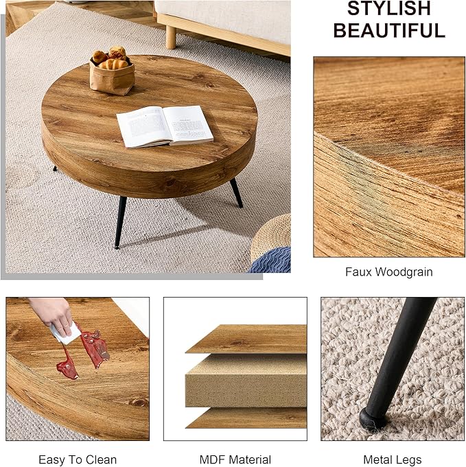 31.5'' Modern Round Coffee Table MDF Desktop with Metal Legs for Living Room Dining Room Bedroom Office