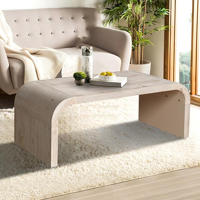 Coffee Table, 47.24"x23.62"x17.71" Farmhouse Vintage Crafts Curved Art Deco Side Table, Solid Wood Center Accent End Table for Living Room Bedroom Apartment, Oak
