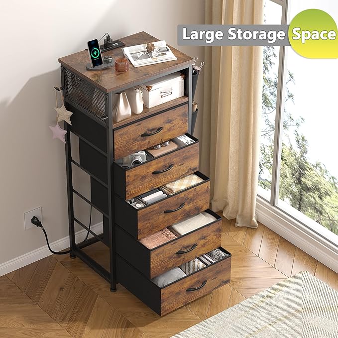 EnHomee Tall Night Stand Set 2 with 5 Drawers, LED Nightstand with Ports & Outlets, Bedside Table with Extra Side Bag & Storage Shelf & Hooks, Bedroom, Dorm, Closet