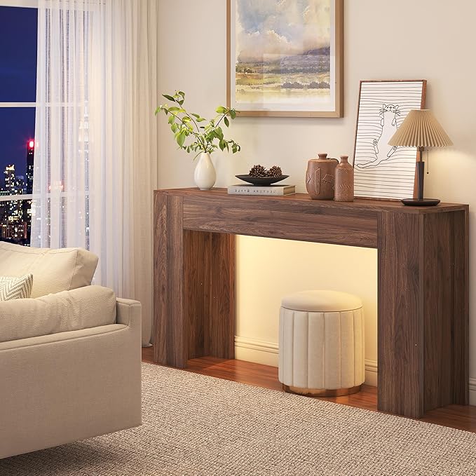 63-Inch Long Console Table with LED Light, Farmhouse Sofa Table Behind Couch, Wooden Console Table for Entryway Hallway Entrance Living Room, Brown