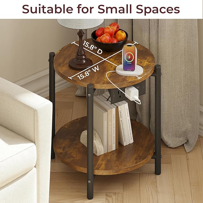 LIKIMIO Round End Tables, Set of 2, 16" W Small Round Side Tables with Charging Station, 2-Tier Modern Nightstands for Small Spaces, Living Room, Bedroom, Rustic Brown
