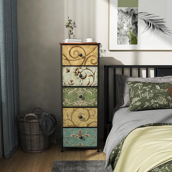 Tohomeor Small Dresser for Bedroom with Retro Flower Narrow Drawers Slim Chest of Drawers Skinny Nightstand Sofa End Table for Living Room Entryway Closet Storage (Multi, 5 Drawers)