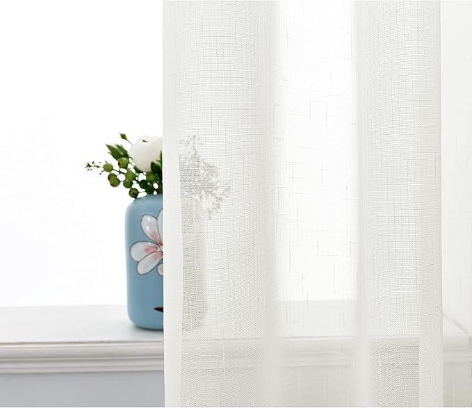 Sheer Curtains Faux Linen Semi Voile Light Filtering Drapes Pair for Bedroom Living Room, Set of 2 Grommet Top Window Curtain Panels (Each 54 x 95 Inch, Off White)