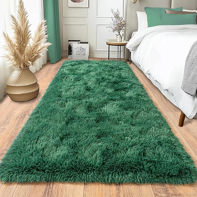 Fluffy Runner Rugs for Bedroom Hallways, 2x6 Runners for Hallways Fluffy Shag Throw Area Rug Non Slip for Bedside Dorm, Shag Rugs for Girls Boys Bedroom, Floor Carpet Runner for Kids Dorm, Dark Green