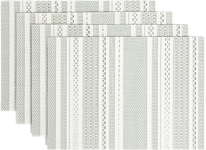 Over&Back Set of 4 Reversible Woven Placemats - Colorful Dining Room Table Mat - UVA/UVB-Proof Polypropylene - Indoor and Outdoor Kitchen and Home Decor - Striped - Green - Rectangle