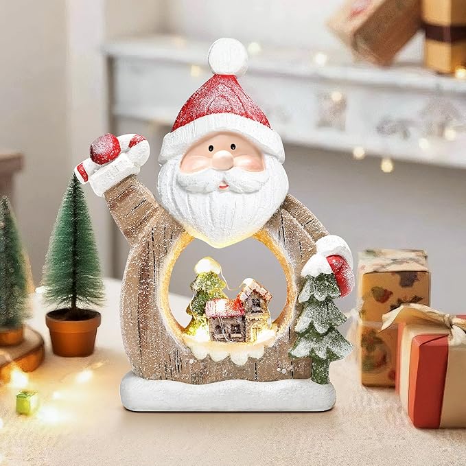 Santa Claus Decoration with LED Lights, Resin Christmas Figurine Indoor Holiday Party Home Decoration Winter Table Centerpiece Fireplace Bedroom Window Decor