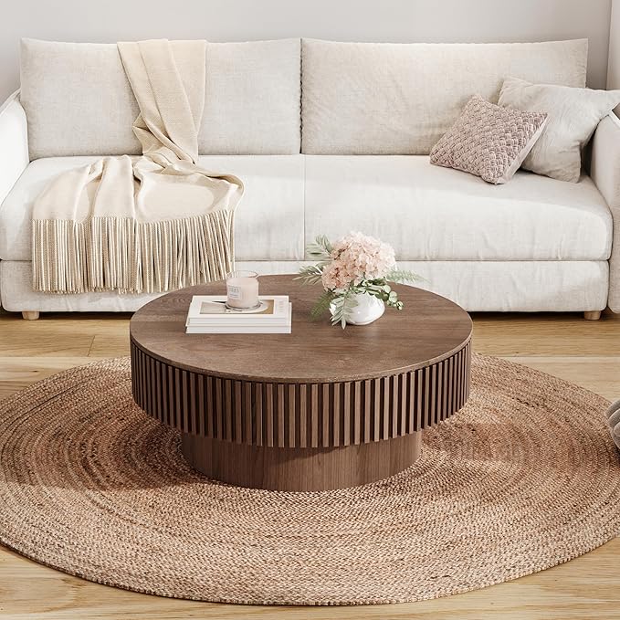 31.5'' Round Coffee Table for Living Room, Solid Wood Veneered Modern Nesting Coffee Tables with Storage, Circle Fluted Drum End Side Accent Tea Table for Bedroom Apartment Office, Walnut