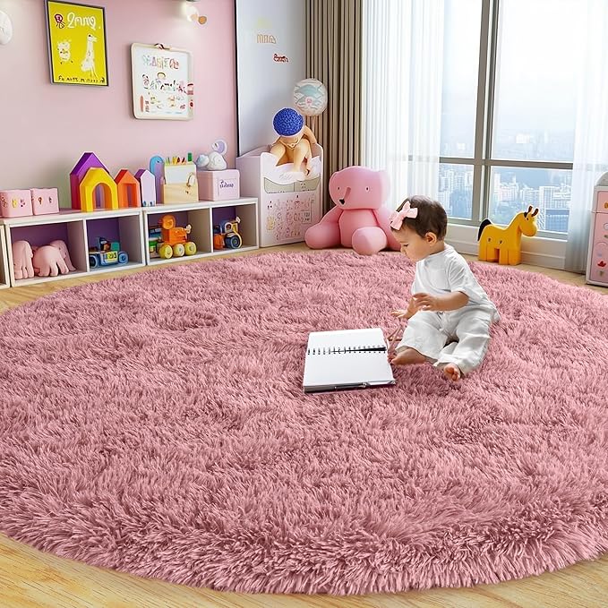 Round Fluffy Rugs 5Ft for Girls Bedroom, Blush Pink Shag Circle Kids Rug Non-Slip for Bedside Dorm Nursery Playroom, Soft Cute Area Rugs for Living Room Decor
