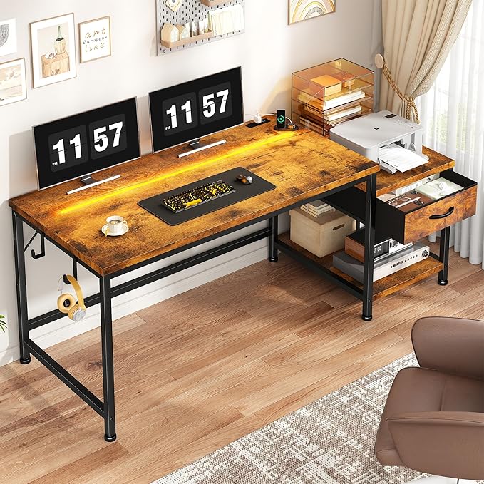 Computer Desk with Printer Shelf & Storage Shelves,56 Inch Gaming Desk with LED Lights & Power Outlet,Office Desk with Headphone Hook,Reversible Corner Desk for Small Space,Carbon