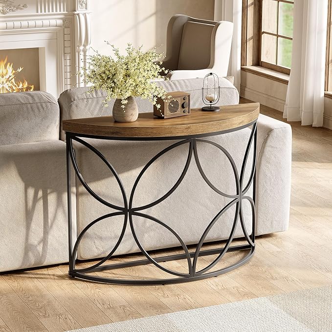 Little Tree 43.3-Inch Console Table with Floral Design, Small Sofa Table Behind Couch, Foyer Table for Living Room (Vintage Brown + Black)