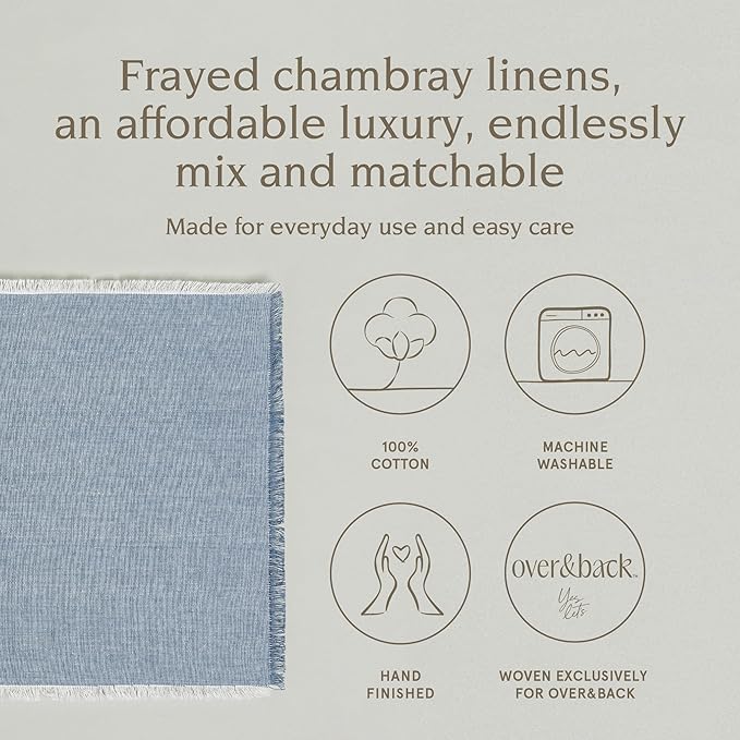 Over&Back Set of 4 Woven Frayed Chambray Placemats - Colorful Dining Table Mat - Hand-Finished Frayed Edges - 100% Cotton - Machine Washable - Kitchen and Home Decor - Blue - 14" L X 20" W