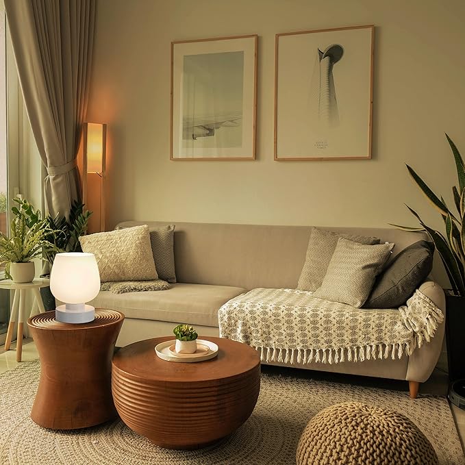 Touch Bedside Lamp, Mini Stepless Dimmable Table Lamps for Bedroom for Night Stands, Small Desk Lamp with Brightness Memory, USB Charging Ports, Warm LED Bulb, White, Round Shape, 2 Set