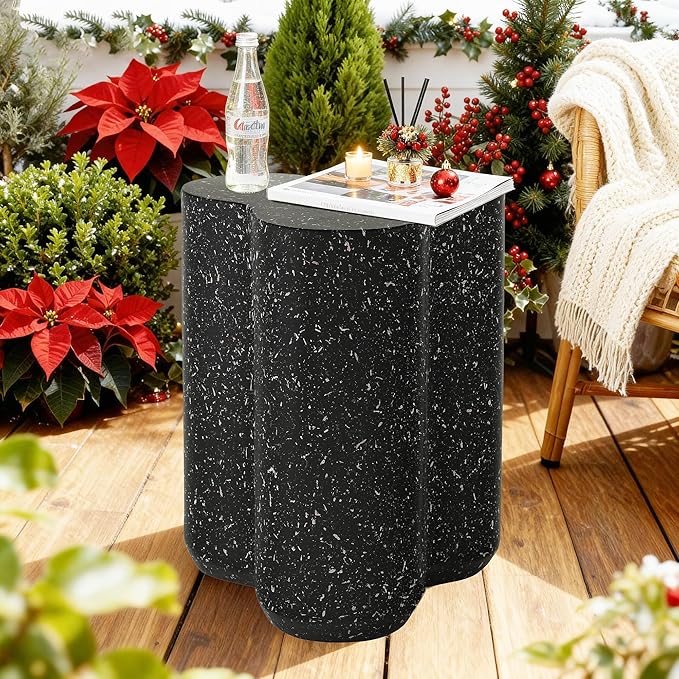 18” Outdoor Side Table, Durable Lightweight MGO Faux Terrazzo Patio Accent Table, Outdoor Modern Coffee Table, 3-in-1 Weatherproof End Table Garden Stool for Garden, Balcony,Poolside,Black