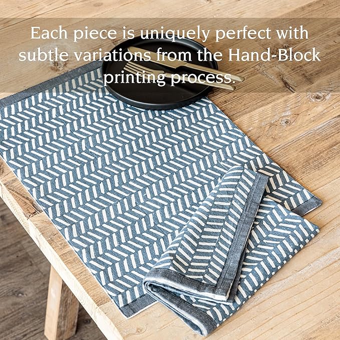 Over&Back Set of 4 Hand-Blocked Placemats - Colorful Dining Table Mat - Each Placemat is Unique - 100% Cotton - Machine Washable - Kitchen and Home Decor - Blue Herringbone
