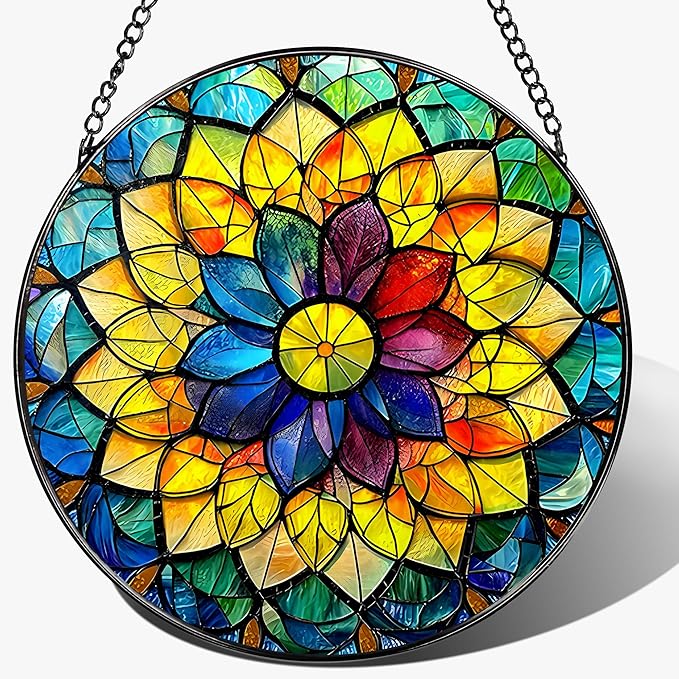 8'' Rainbow Mandala Sun Catcher Ornament, Stained Glass Window Hanging, Sun Catchers for Windows Hanging Ornaments, Window Decor, Ideal Gift | Colorful Spiritual Gifts for Her