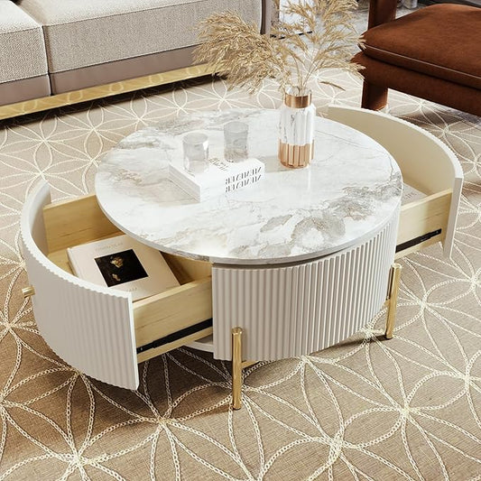 31.5" Round Coffee Table with Storage, Modern Round Coffee Table with 2 Drawers Storage Accent Table Round Black End Table for Living Room,Off White