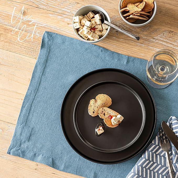 Over&Back Set of 4 Washed 100%-Linen Woven Placemats - Colorful Dining Table Mat - Machine Washable - Kitchen and Home Decor - Blue