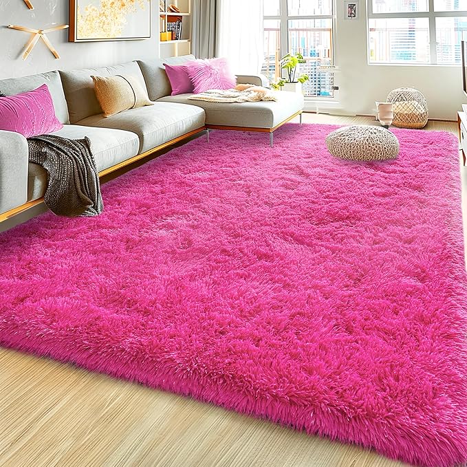Ultra Fluffy Rug for Living Room Bedroom, 5x7 Fuzzy Large Area Rug for Living Room, Plush Soft Shag Carpet for Girl Boy Kids, Non Slip Rug Modern Indoor Home Decor Aesthetic, Hot Pink