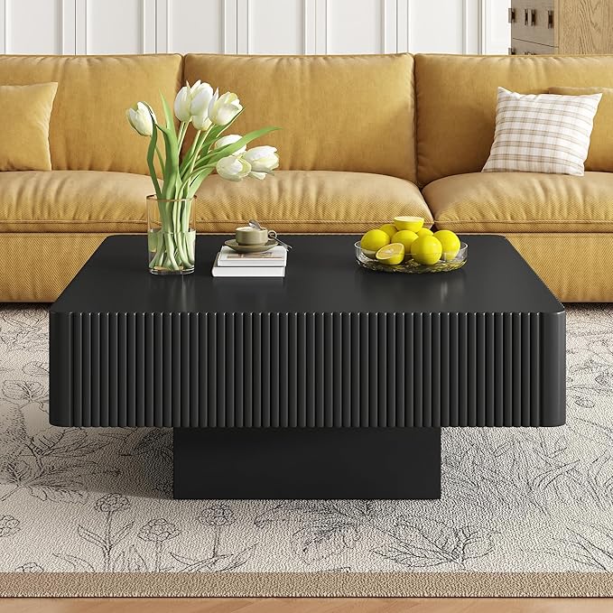 31.6" Square Wood Coffee Table Modern Black Fluted Coffee Tables for Living Room Drum Coffee Table with Sturdy Pedesta Circular Center Table for Apartment Living Room,Easy Assembly