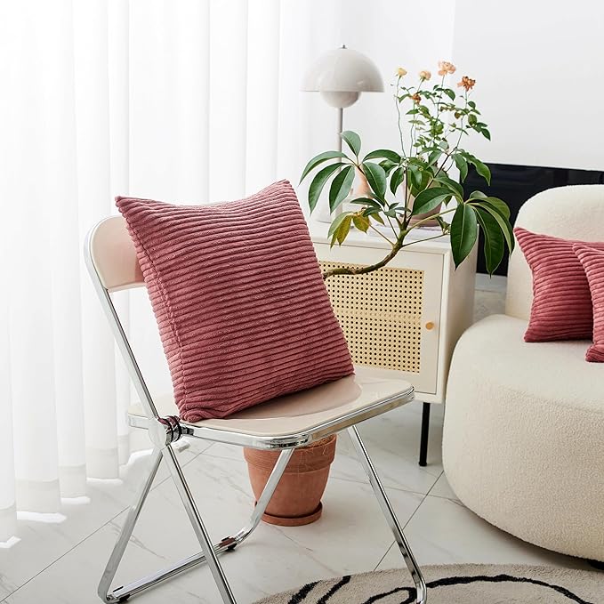 Home Brilliant Lumbar Pillow Covers Rectangle Set of 2 Throw Pillows Striped Corduroy Cushion Covers for Gift Girl's Room Decor, 12 x 20 inch, Dry Rose Pink