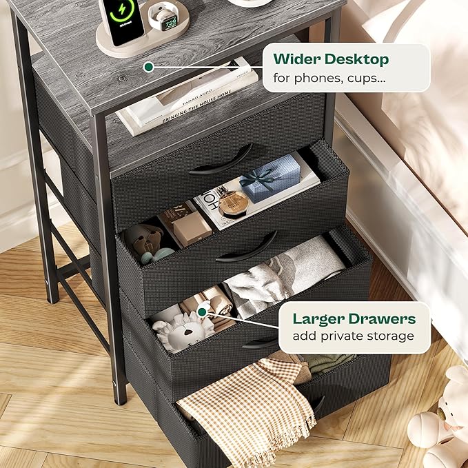 Huuger Night Stand with Charger Station and LED Lights, 4 Drawer Nightstand, Bed Side Table with Open Shelf, End Table, Fabric Dresser for Bedroom, Grey