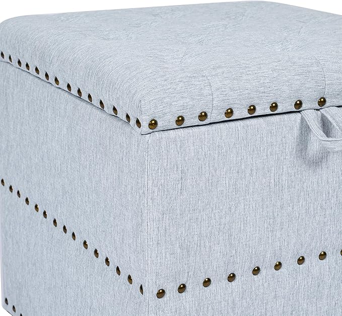 Adeco 18" Light Blue Square Storage Ottoman with Tray, Modern Cube Ottoman Coffee Table for Dorm, Upholstered Cube Footstools Coffee Table for Living Room