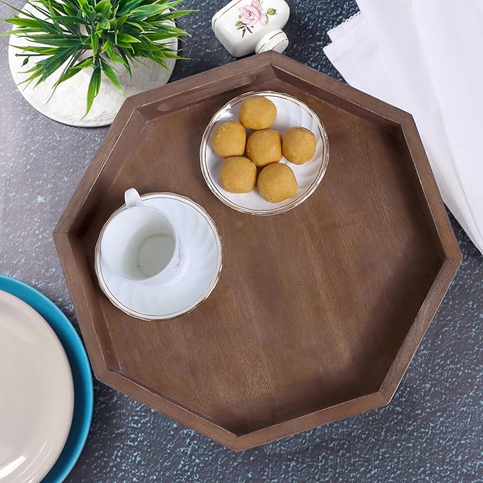 12" Rustic Wooden Serving Tray - Decorative Wood Serving Tray with Handles for Coffee Table, Breakfast in Bed, Food Dinner, Rustic Octagonal Tray (Walnut) - CLEENTABLE