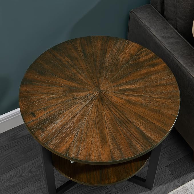 MODERION Large End Table with Storage Shelf Rustic Circular Sofa Side Table with Black Metal Legs Solid Wood Nightstand Telephone Table for Living Room Bedroom 25.2”D x 24”H Natural Brown CJZ1338NC