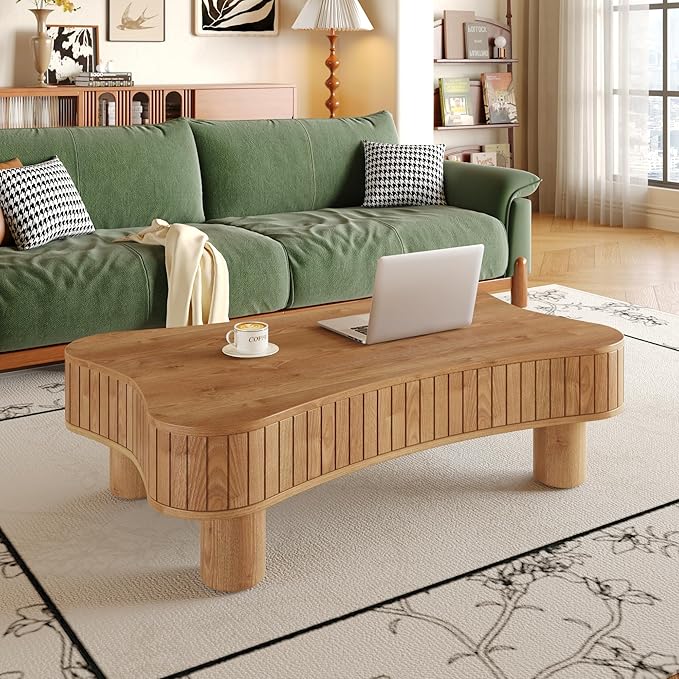 42.5" Lift Top Fluted Coffee Table with Hidden Storage Compartment, Modern Cloud-Shaped Wooden Center Table Cocktail Tea Table with Curved Safety Corners and Adjustable Height, Brown