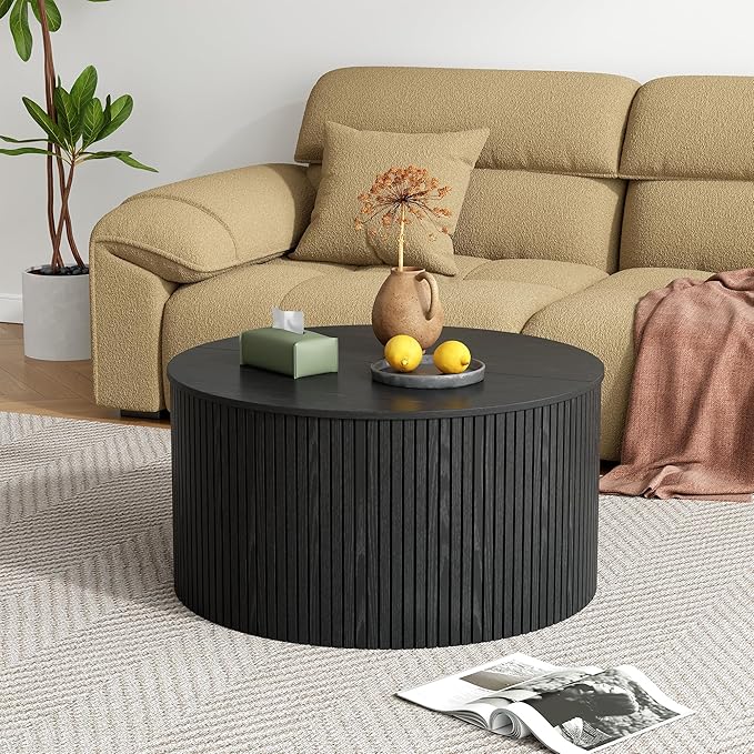 Round Fluted Lift Top Coffee Table, Mid Century Modern Center Table with Storage and Compartment, 2 Tier Small Circle Dining Table, for Living Room, Home Small Space, Black