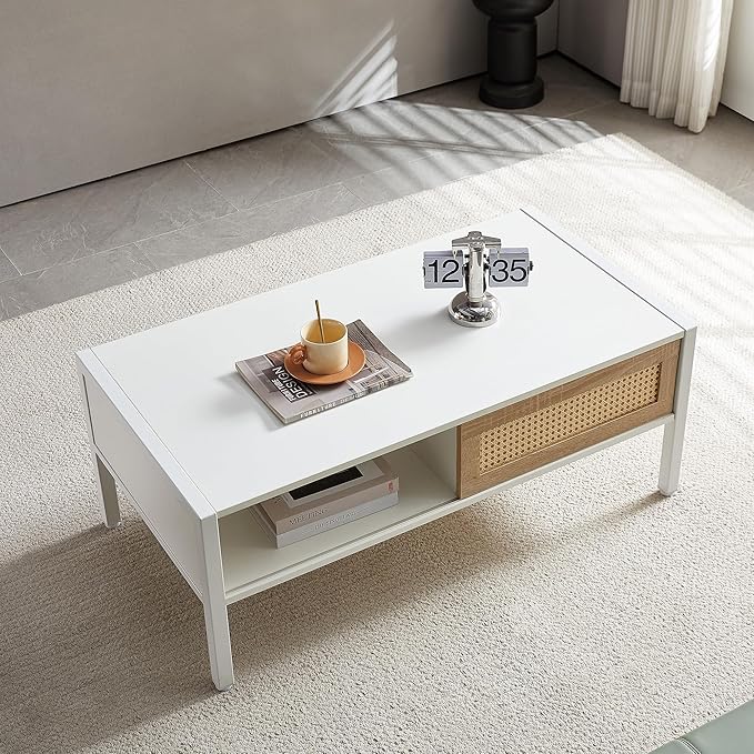 IANIYA 40.16" Boho Coffee Table, Rectangle Wooden Accent Center Tables, Living Room Table with Sliding PE Rattan & Solid Metal Legs for Living Room, Apartment Small Space (White Metal)