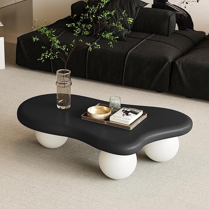 40" Cloud Coffee Table for Living Room Irregular Coffee Table Modern Low Coffee Tables Abstract Faux Stone Cute Center Table with 3 Ball Legs for Small Space Apartment Black & White